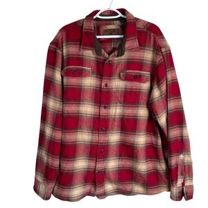 Orvis Flannel Shacket Shirt Jacket Mens 2XL Red Plaid Button Up Heavy‎ Cotton